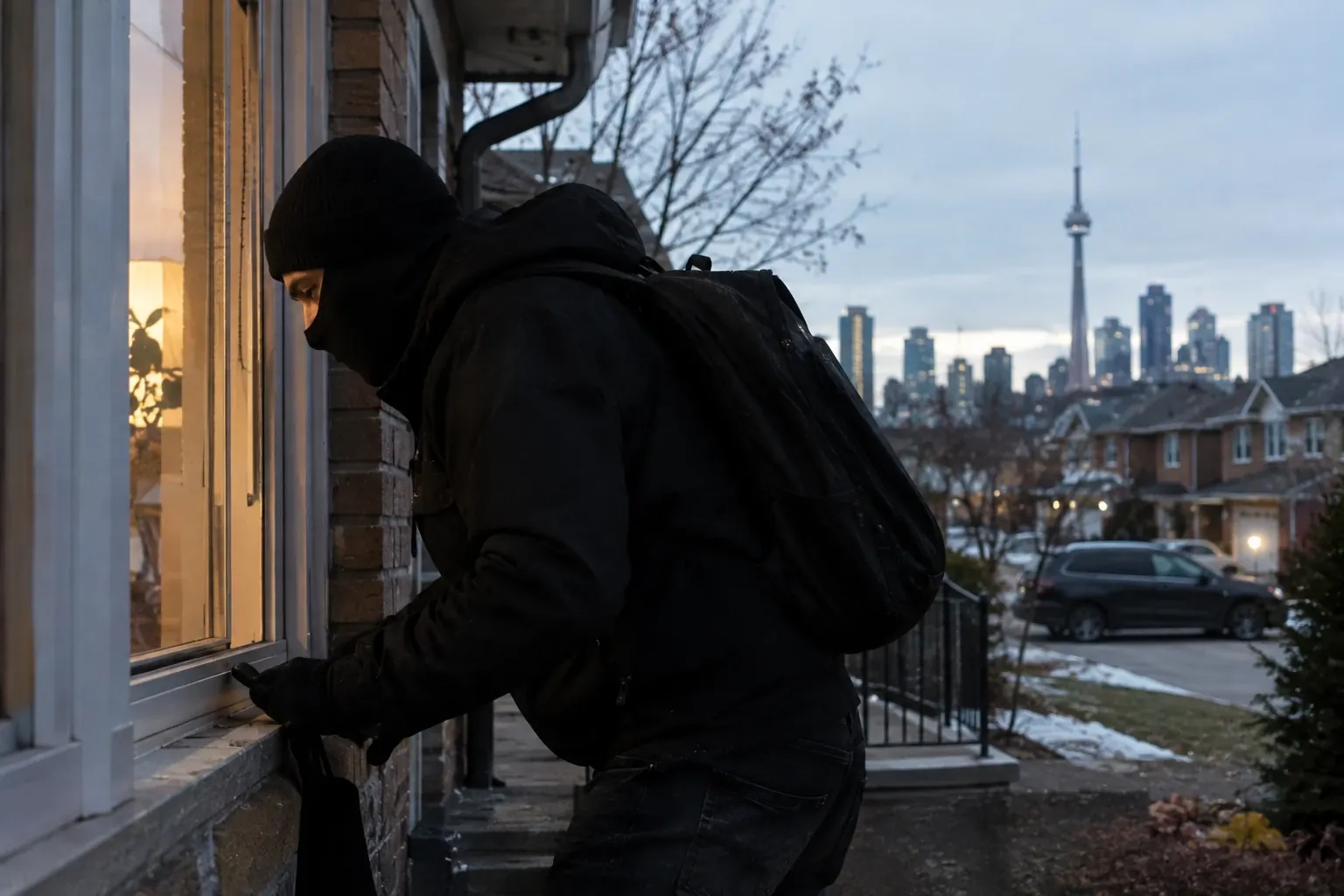 A masked man in dark clothing at the window of a lit Toronto house at dusk, with the CN Tower in the distance