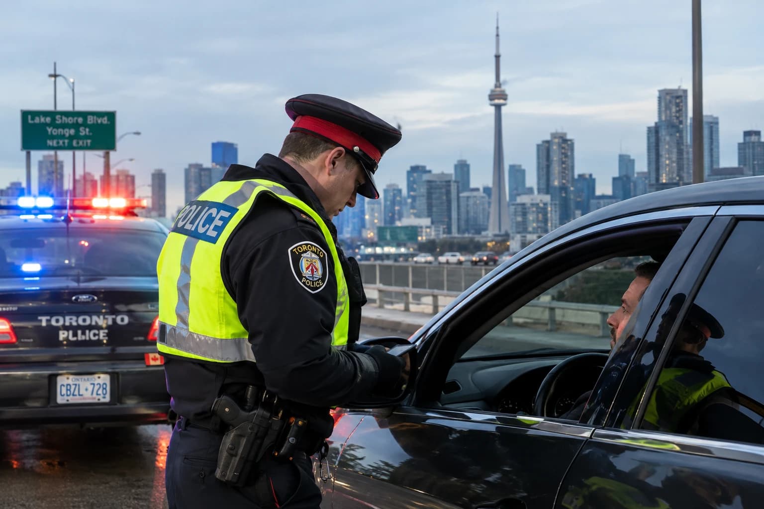 A police officer speaking with a driver at a roadside stop, with the Toronto skyline behind them